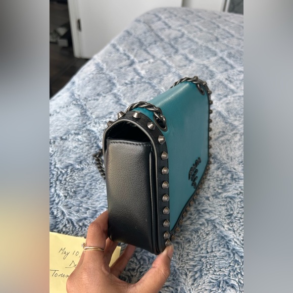 Prada Glace Turchese Nero with Studs Blue Leather Shoulder Bag. - Picture 4 of 8